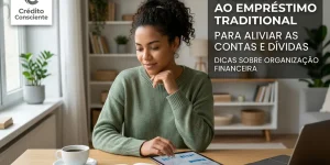 Mulher sorridente com tablet mostrando gráficos financeiros